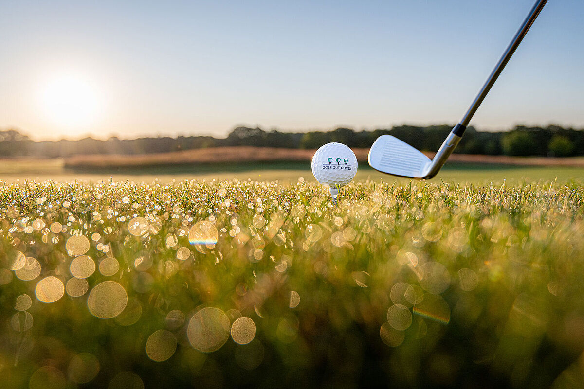 Golfball und Golfschläger auf dem Fairway der Golfanlage Golf Gut Glinde. Der Friendly Friday bietet Mitgliedern die Möglichkeit, ihr Handicap zu verbessern und Punkte für die Jahreswertung zu sammeln.