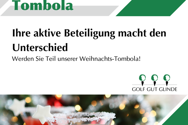 Promotion für die Weihnachts-Tombola am Golf Gut Glinde; Mitglieder und Firmen spenden haltbare Sachpreise im Wert ab 10 Euro, maximal 250 Plätze verfügbar, Teilnahme bis 20. Oktober 2025, Präsenter mit Logo erforderlich, Spenden bis 10. November 2025, Unterstützung des Gemeinschaftslebens im Golfclub.